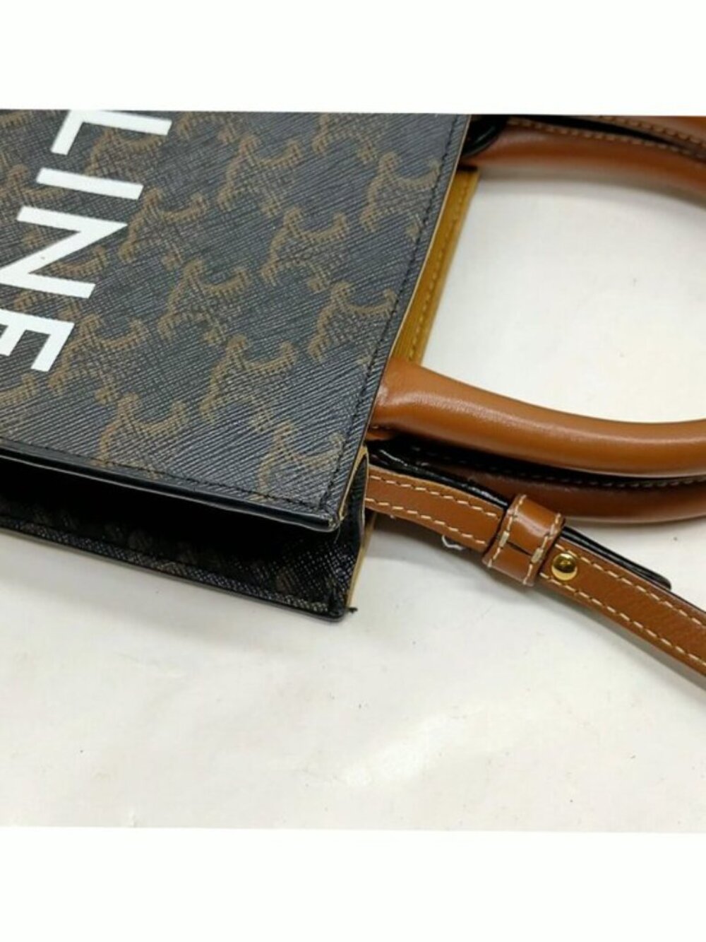 Authentic Celine Mini Vertical Cabas Triomphe Canvas Crossbody Tote Brown Logo - Picture 6 of 16